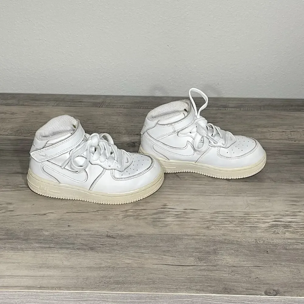 Nike Air Force 1 Mid Boys Size 10C Triple White Athletic Leather Shoes Sneakers